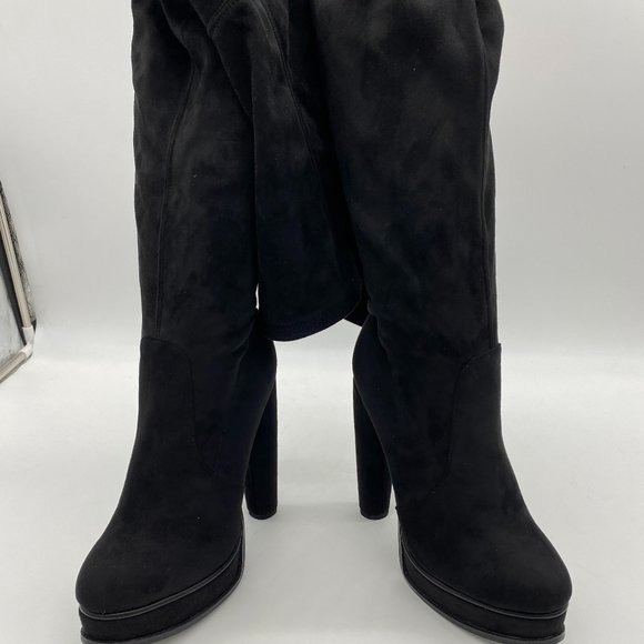 black round toe suede platform over the knee boots chunky heels - Picture 3 of 10
